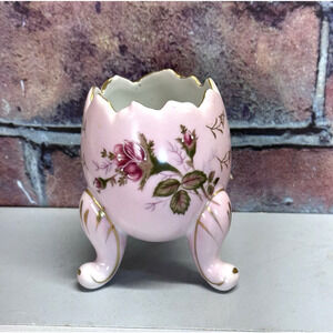Vintage Napcoware‎ Hand Painted Pink Floral 3 Footed Cracked Egg Vase Japan Gold
